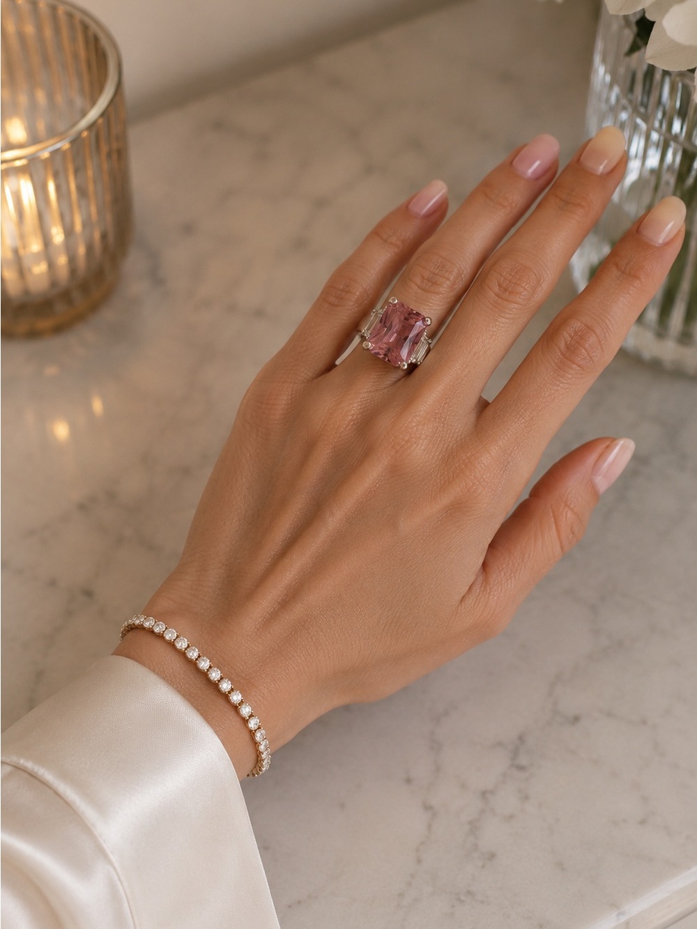Pink Emerald Cut Statement Ring Size 7 Silver Tone Cubic Zirconia Cocktail Ring